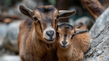 Fototapeta premium Tender Moment of Goat and Kid in Natural Habitat, Close-Up View with Soft Focus, Wildlife Photography