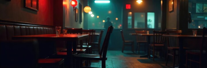 A single, empty chair sits at a table in a dimly lit restaurant, suggesting loneliness and solitude  The scene evokes feelings of isolation and longing for companionship ,  grief,  waiting,  deserted