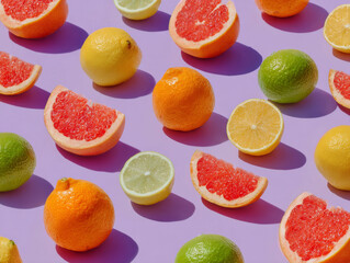 Colorful citrus fruits including oranges, lemons, limes, and grapefruits are arranged on purple background