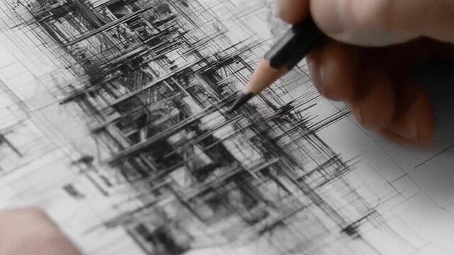 Hand sketch pencil architectural building plan draft grid combining expressive lines focused creative drafting precise detailed plan