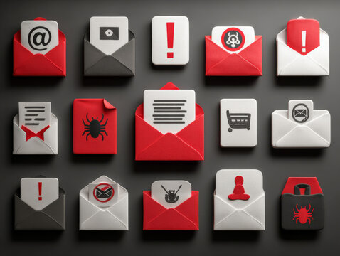 Collection of red and white envelopes with phishing scam icons, including exclamation marks and bugs, on dark background