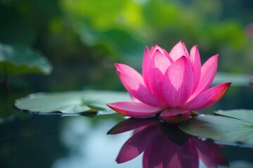 Fototapeta premium A single, pristine pink lotus flower blossoms gracefully on calm water, petals unfurling in the soft sunlight Its vibrant color contrasts beautifully with the serene background , asian, blossom