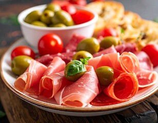 Appetizing arrangement of cured meats, olives, tomatoes, and bread