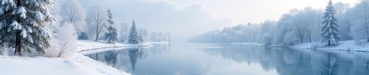 Naklejka na ściany i meble A snow-covered landscape with frosted trees and a frozen lake reflecting the winter sky Perfect for winter wonderland, seasonal, or nature themes Tranquil and serene winter scene , snow, crystal