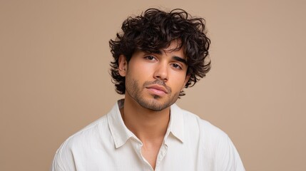 Obraz premium Young man with curly hair wearing a casual shirt, posing against a neutral background, showcasing a natural and relaxed expression