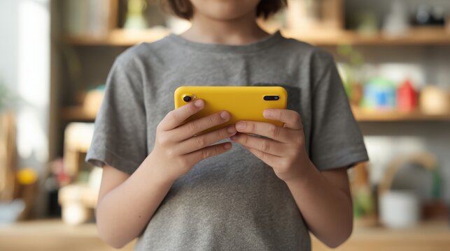 Close-up of child hands holding yellow smartphone at home, kids technology concept, mobile phone usage, digital lifestyle, screen time awareness and modern family communication