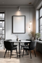 Fototapeta premium Modern dining room with round marble table, black chairs, and blank wall frame under warm pendant lights