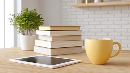 Cozy Workspace with Tablet, Yellow Mug, Potted Plant, and Stacked Books on Wooden Table in Bright Room