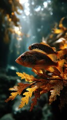 Underwater Scene Featuring Colorful Fish Swimming Among Lush Green Kelp in a Sunlit Ocean Environment with Soft Focus and Ethereal Light