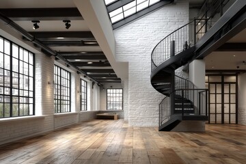 Modern minimalist open-plan studio with white brick walls and a striking spiral staircase