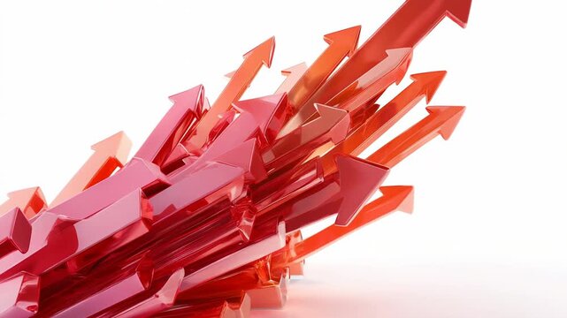 Red glossy arrows rising upward dynamic motion conveying growth momentum progress and success. red arrow cluster forming large upward arrow