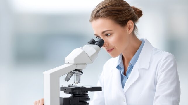 With concentration, a female doctor examines samples through a microscope in a well-lit laboratory. Her focus represents dedication to scientific discovery and research - Powered by Adobe