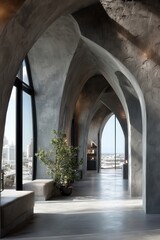 Fototapeta premium Modern minimalist interior with arched doorways and large windows overlooking the city skyline