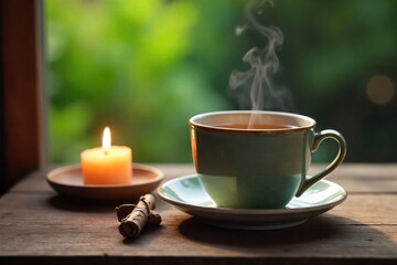 A steaming mug of calming herbal tea sits on a rustic wooden table next to a lit candle, creating a serene and peaceful atmosphere perfect for relaxation , hygge, tea, candle