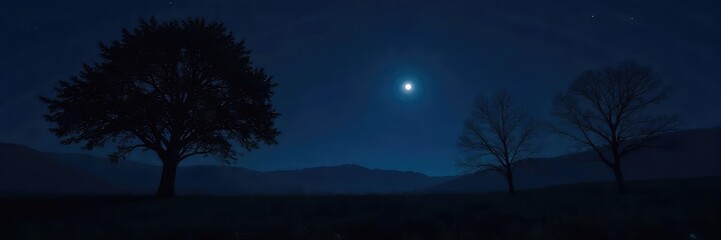 A still, dark night scene; inky black sky, a sliver of moon barely visible, trees silhouetted against the darkness, conveying a sense of quiet stillness and mystery , gloom, forest, celestial