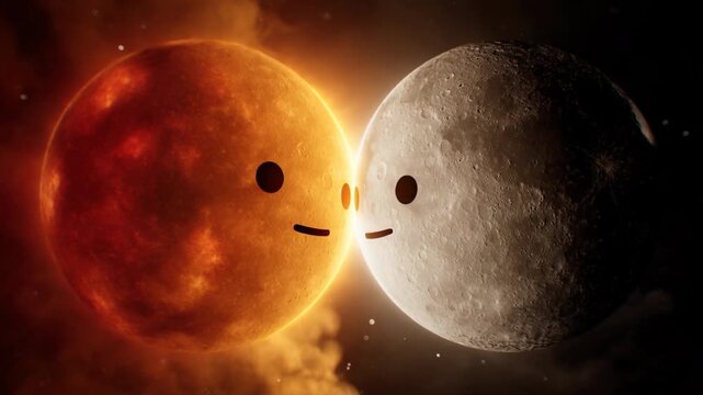Two smiling planet and moon faces space orbiting close, warm orange celestial sphere touching cool gray cratered face with subtle smile and calm