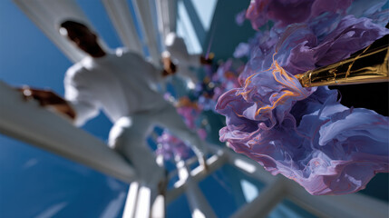 A vibrant image showcasing abstract colors swirling around an individual, capturing motion and creativity in a unique, artistic manner that encourages imagination and self-expression.