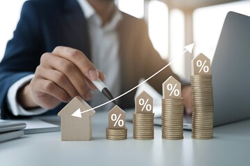 Real estate investor analyzing property value growth with stacked coins, houses, and upward arrows, representing rising mortgage rates, housing market trend, ROI, and smart investment strategy.