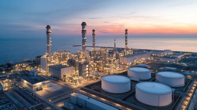 Aerial view of coastal oil refinery with illuminated storage tanks and towers at sunset, petrochemical industry, fossil fuel production and global energy infrastructure