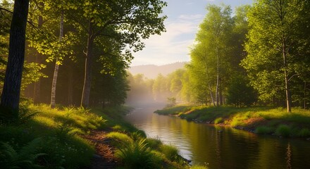 Golden hour sunlight illuminates a serene forest stream with lush greenery and reflections