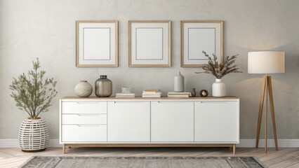 White sideboard with three framed pictures, decorative objects, and a floor lamp