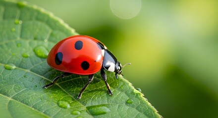 Close-up of a bright red ladybug with black spots on a vibrant green leaf