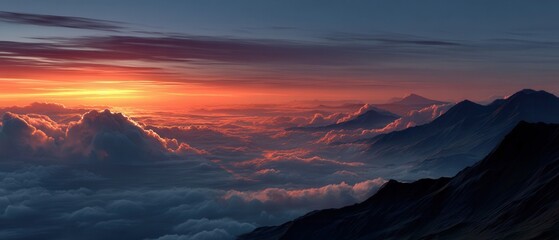 Majestic Sunrise Over Mountain Range with Colorful Clouds and Serene Landscape, Capturing the Beauty of Nature and Tranquility in the Early Morning Hours