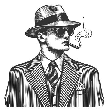 classic gangster wearing a pinstripe suit, fedora, sunglasses, and smoking a cigar sketch engraving generative ai fictional character vector illustration. Scratch board imitation. Black and white.