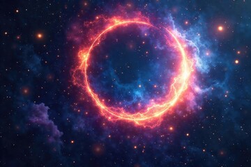 Fototapeta premium A swirling cosmic nebula shaped like a crescent moon, celestial bodies orbiting a central point, representing the cyclical nature of time and the vastness of space , lunar, orbit