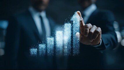 Two businessmen observing a digital bar graph with an upward trend - Powered by Adobe