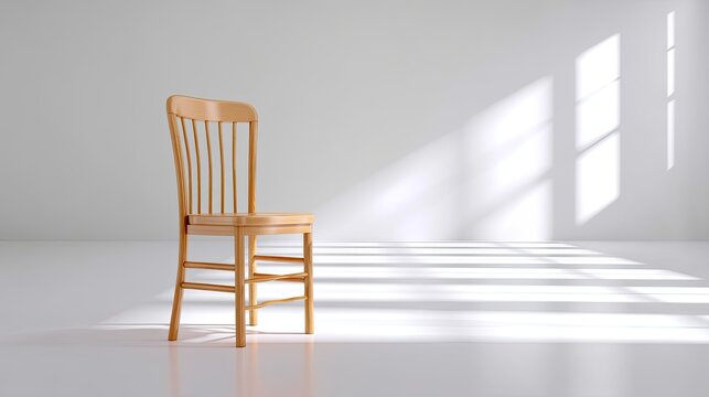 Wooden chair positioned in minimalistic room with sunlight casting shadows on the floor