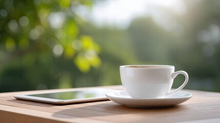 Serene Morning Scene with Coffee Cup and Tablet on Wooden Table Against Soft Natural Background