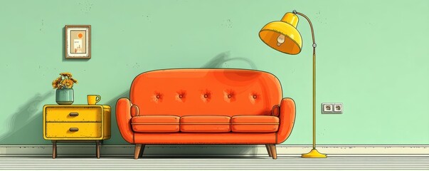 A bright orange sofa living room scene with a yellow lamp and retro yellow side table illustration
