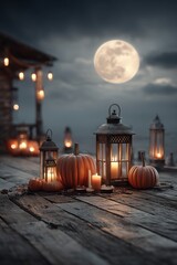 Fototapeta premium Lanterns and pumpkins on a rustic deck under a glowing full moon