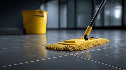 Yellow Mop And Bucket On Dark Tile Floor In Industrial Cleaning Scene