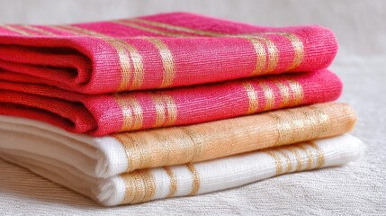 Colorful folded towels with elegant stripes in pink, orange, and white resting on a textured surface for bathroom decor or kitchen use