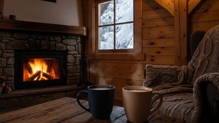 Cozy winter cabin getaway with fireplace, hot cocoa, and snowy outdoor views