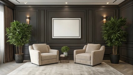 Luxurious living room with plush armchairs and dark wall paneling