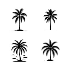 Fototapeta premium Collection of four stylized black and white palm tree illustrations, isolated on transparent background