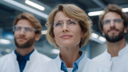 Laboratory scene with researchers monitoring nanorobot movement in liquid medium, displaying attentive expressions, symbolizing precision nanotechnology, AI integration, and futuristic scientific