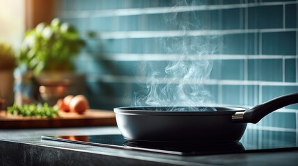 Steam Rising From Frying Pan On Stovetop In Modern Kitchen With Blue