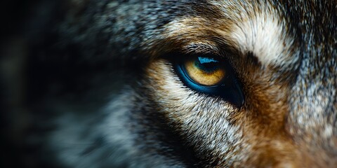 detail showcases a wild animal's eye, revealing striking amber hues with a hint of blue, contrasted by textured fur and a darkened background creating a moody and dramatic effect.