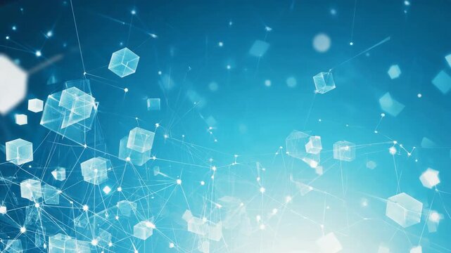 futuristic abstract background, blue and white gradient, geometric transparent cubes, digital network lines, glowing particles, modern technology theme - Powered by Adobe