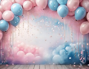 Imaginative gender reveal party invitation featuring delicate brush lettering, a pastel pink and blue balloon arch, and dazzling confetti on a gentle watercolor backdrop