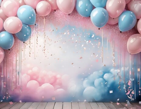 Imaginative gender reveal party invitation featuring delicate brush lettering, a pastel pink and blue balloon arch, and dazzling confetti on a gentle watercolor backdrop