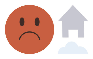 Fototapeta premium Red sad face alongside a simple house and cloud representing unhappiness, homesickness, or discomfort. Ideal for housing issues, mental health, stress, solitude, environmental concern, isolation