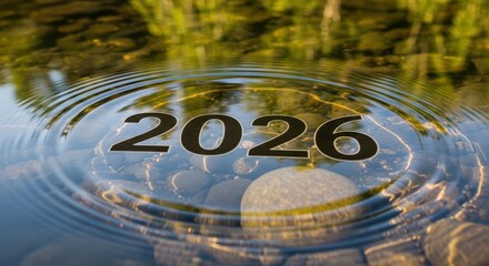 The year 2026 is reflected in the water with ripples and a stone below