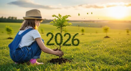 Young girl planting a tree with the year 2026 in grass, sunny day