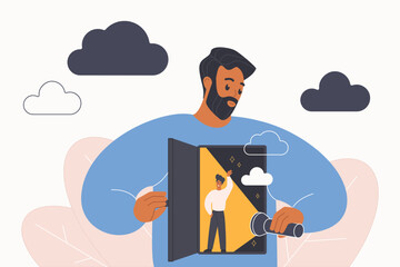 Search for self identity of personality, inner space of mind discovery, psychology. Happy man opening door inside chest, holding flashlight to look at tiny person inside cartoon vector illustration