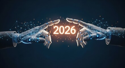Two robotic hands reaching toward the year 2026 in a futuristic scene